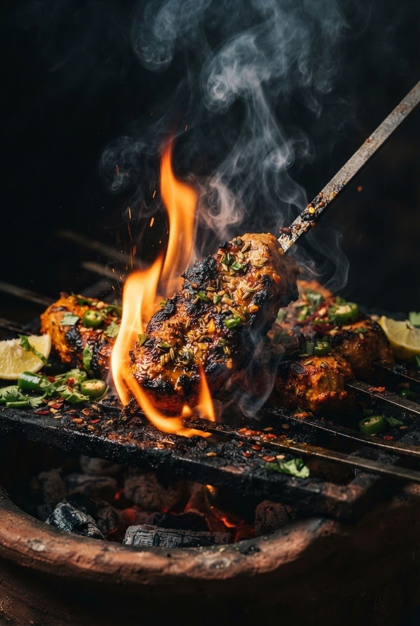 Achari Angaari Chaap — pickle-spiced soya chaap with flame char