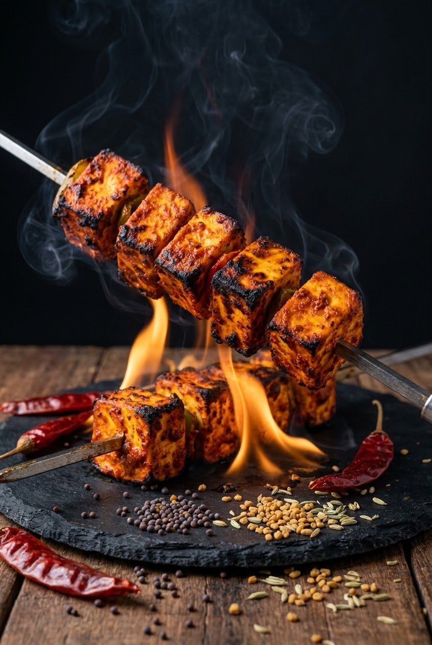 Achari Angaari Tikka — pickle-spiced paneer tikka licked by flame