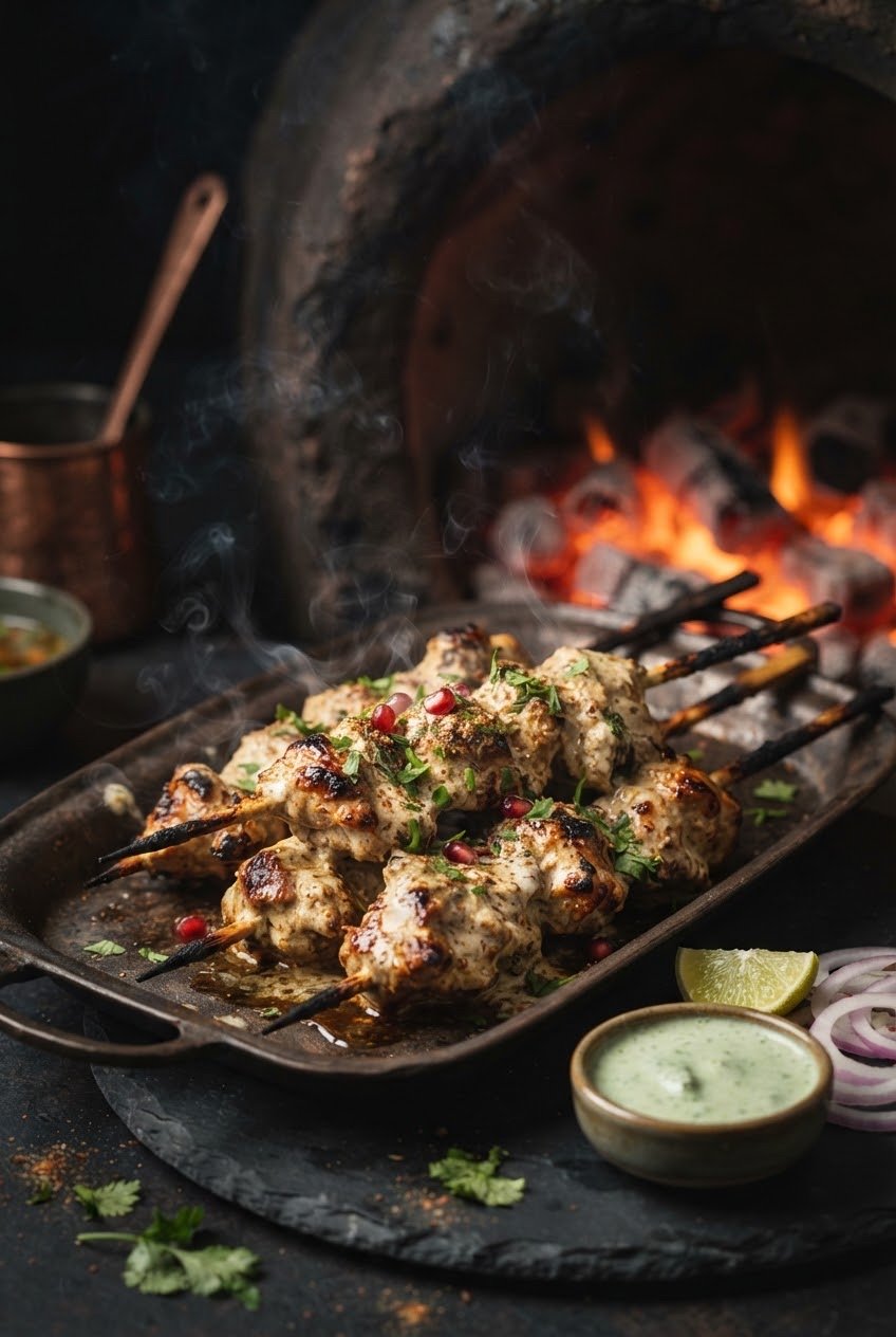 Afghani Chaap — creamy white-marinated soya chaap, ember toasted