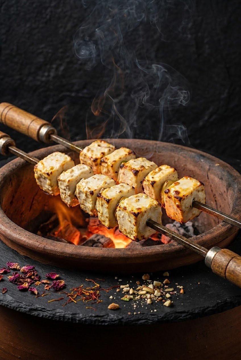 Afghani Paneer Tikka — cream-marinated paneer skewers over embers