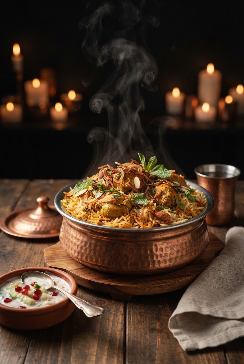 The Zafrani Chicken Dum — saffron-streaked basmati layered over marinated chicken with caramelised onion