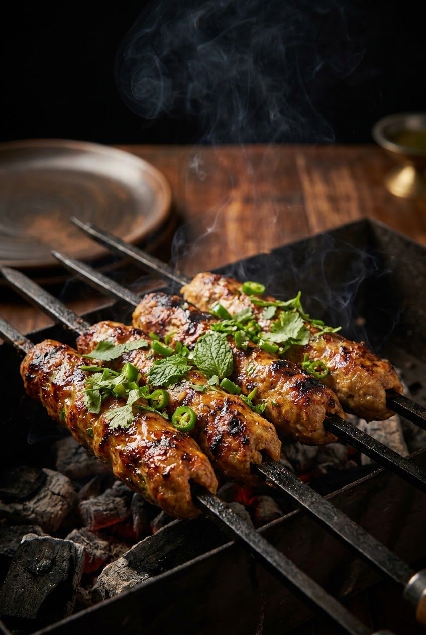Hand-Fired Chicken Seekh kebabs charred over open flame