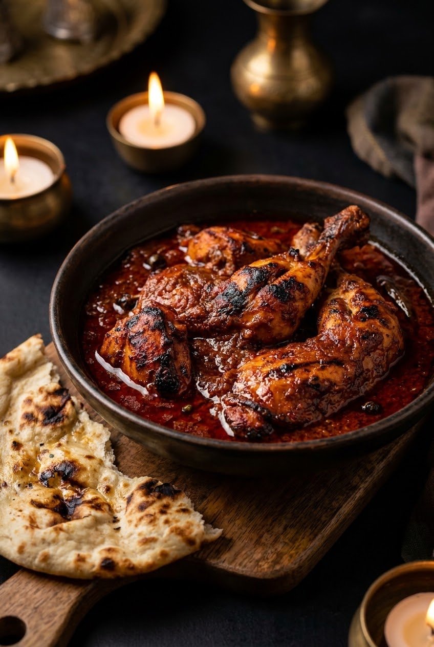 Ember Rogan Chicken — roasted chicken in a deep red slow-built gravy
