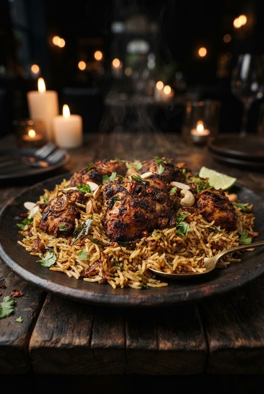 Deccan Fry-Piece Biryani — spice-coated fried chicken pieces layered in aromatic masala rice