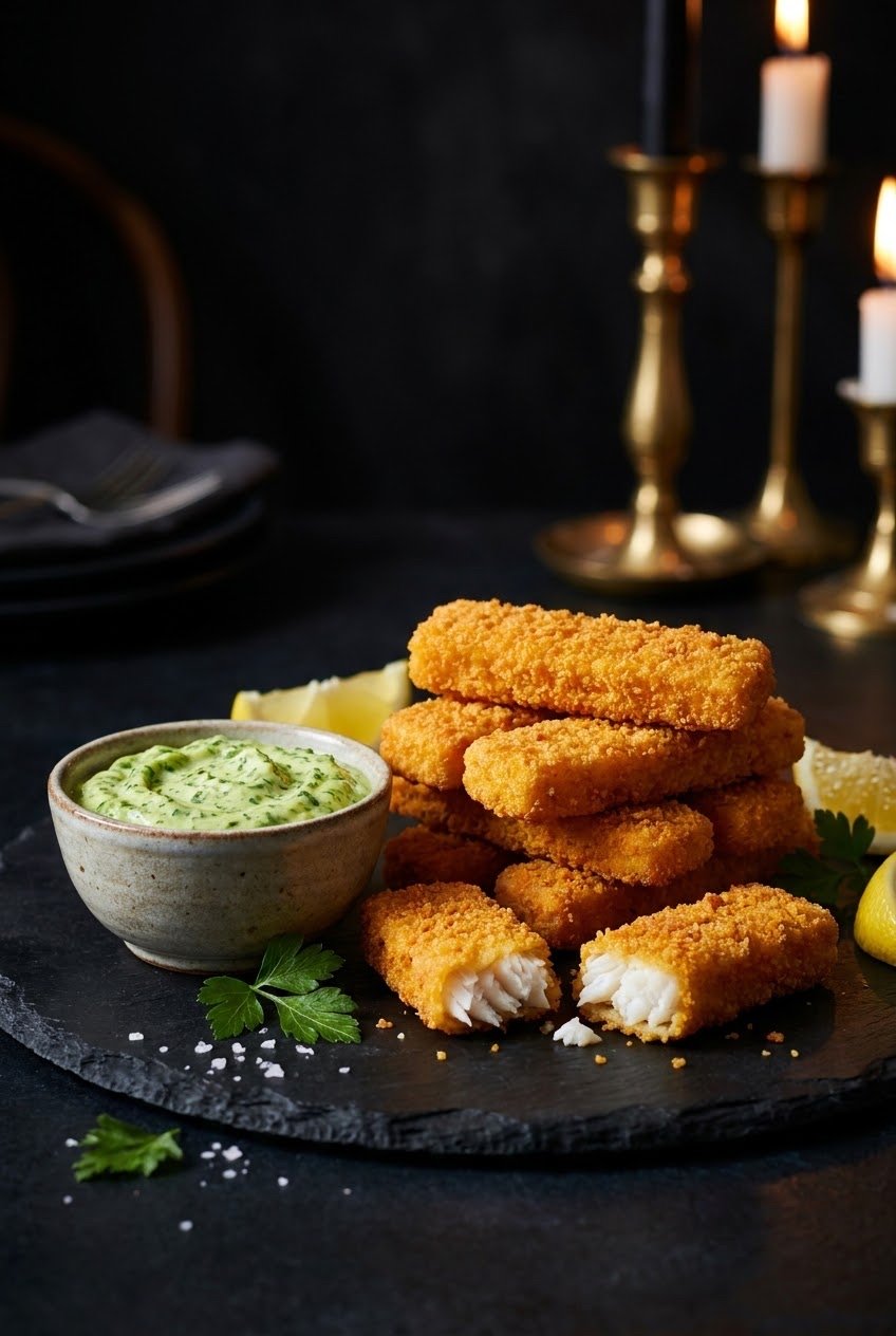 Golden Fish Fingers — crisp-coated fish strips with a bright house dip