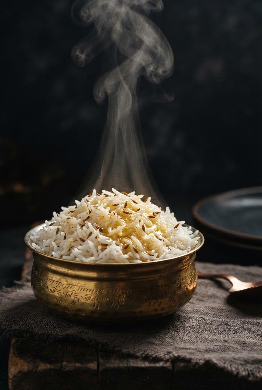 Khushbu Basmati — steaming basmati rice in a brass bowl
