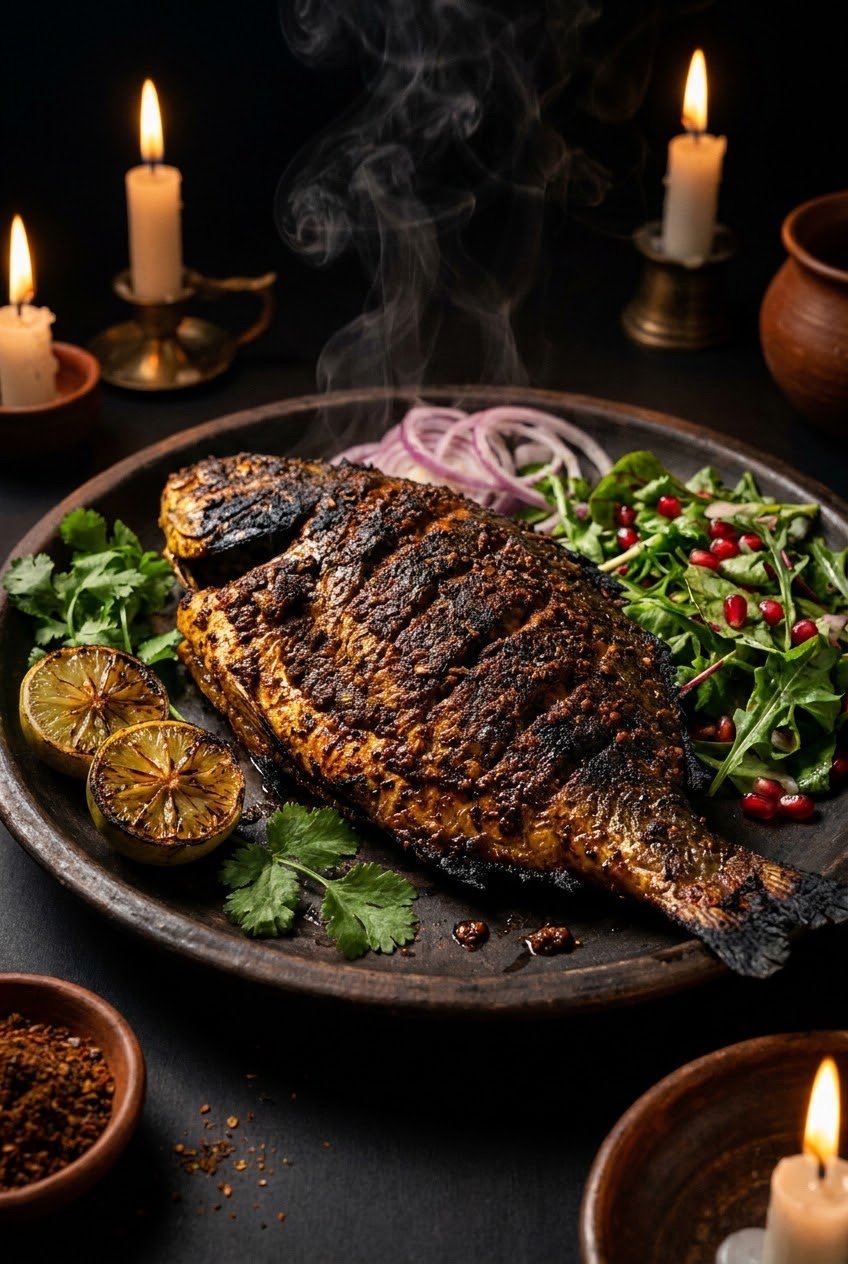 Masala Charred Fish — coarse masala crust with crisp charred edges