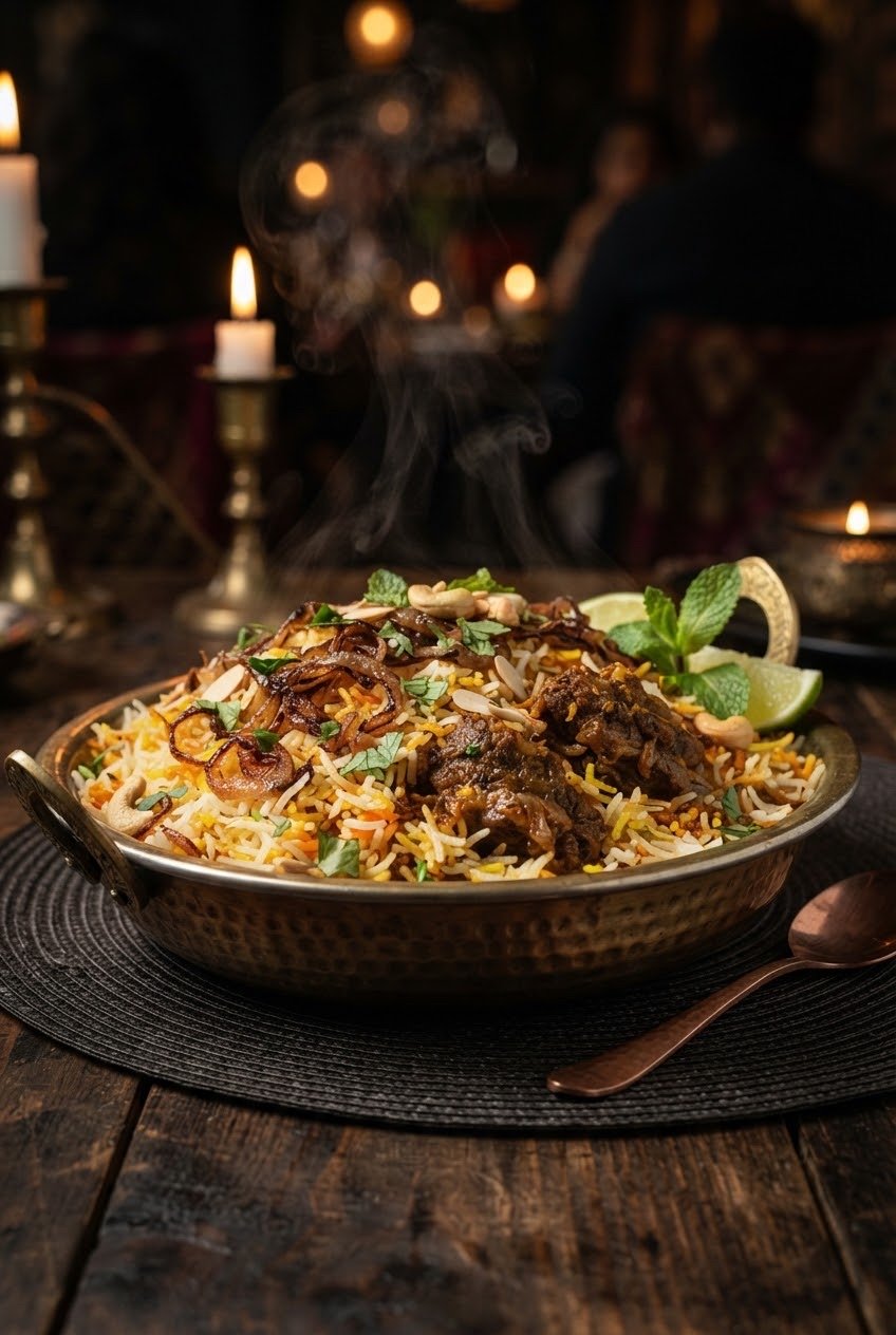 Resham Mutton Dum — tender slow-cooked mutton beneath saffron basmati and browned onion