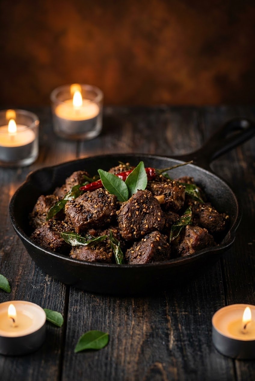 Pepper Mutton Bites — seared mutton with cracked black pepper and curry leaf