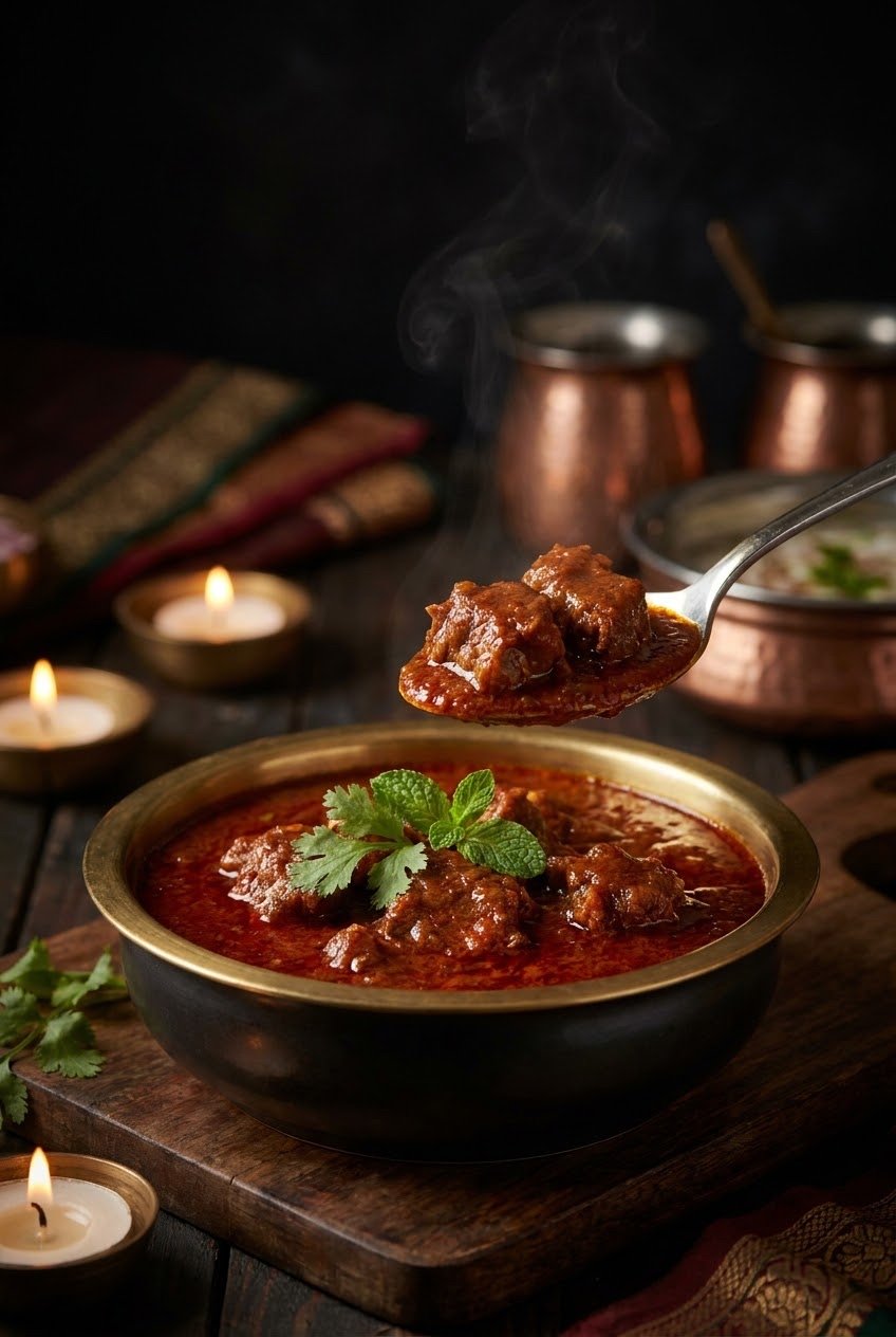 Velvet Rogan Mutton — slow-simmered mutton in deep red aromatic gravy