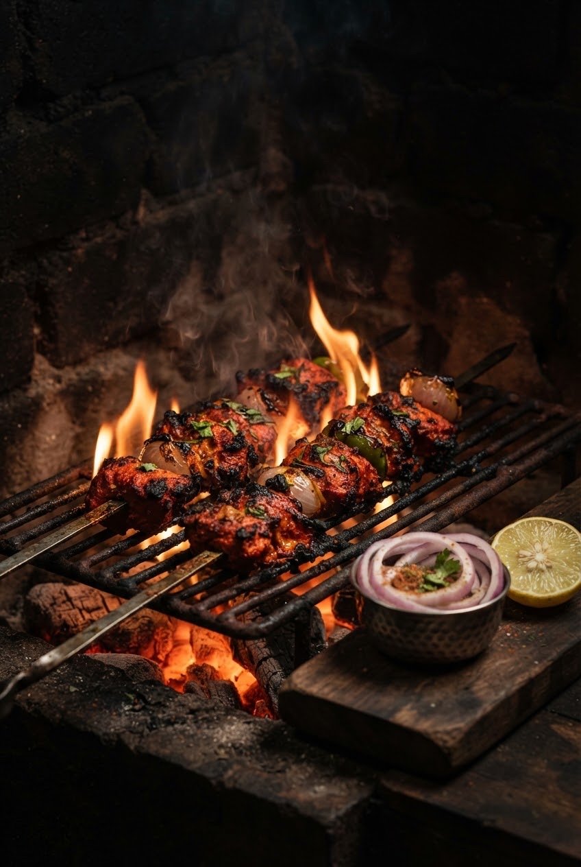 Sindoori Chaap — red tandoori soya chaap over glowing coals