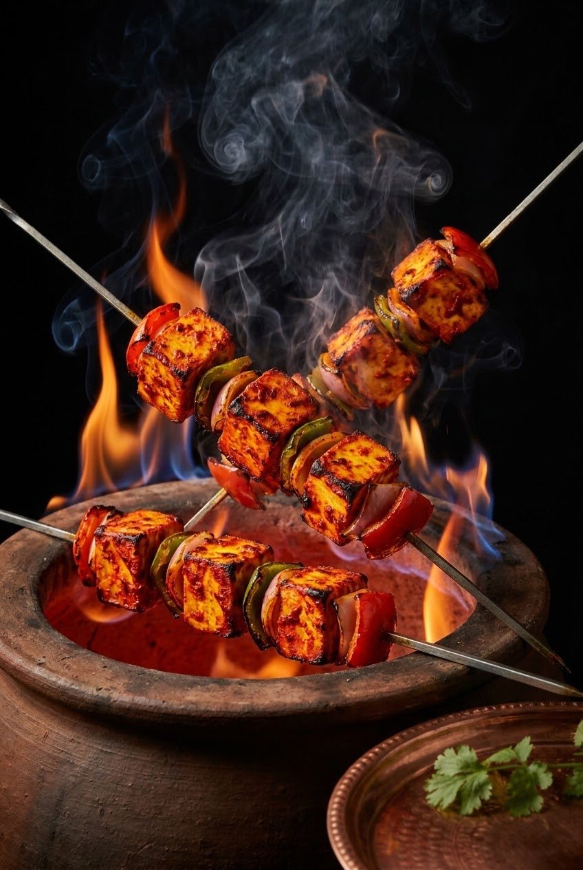 Sindoori Paneer Tikka — vermillion tandoori paneer skewers over live flame