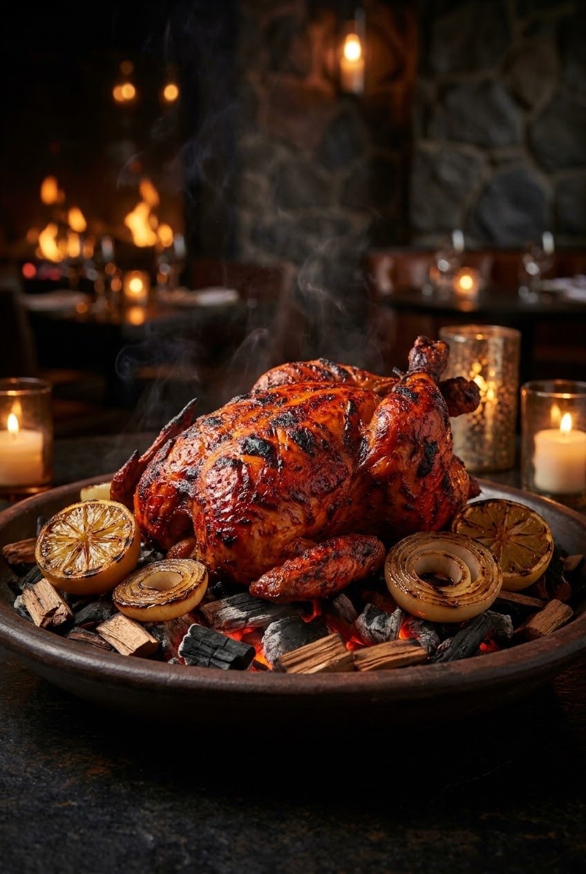 Ember-Roasted Tandoori Chicken with char-blistered skin on a dark plate