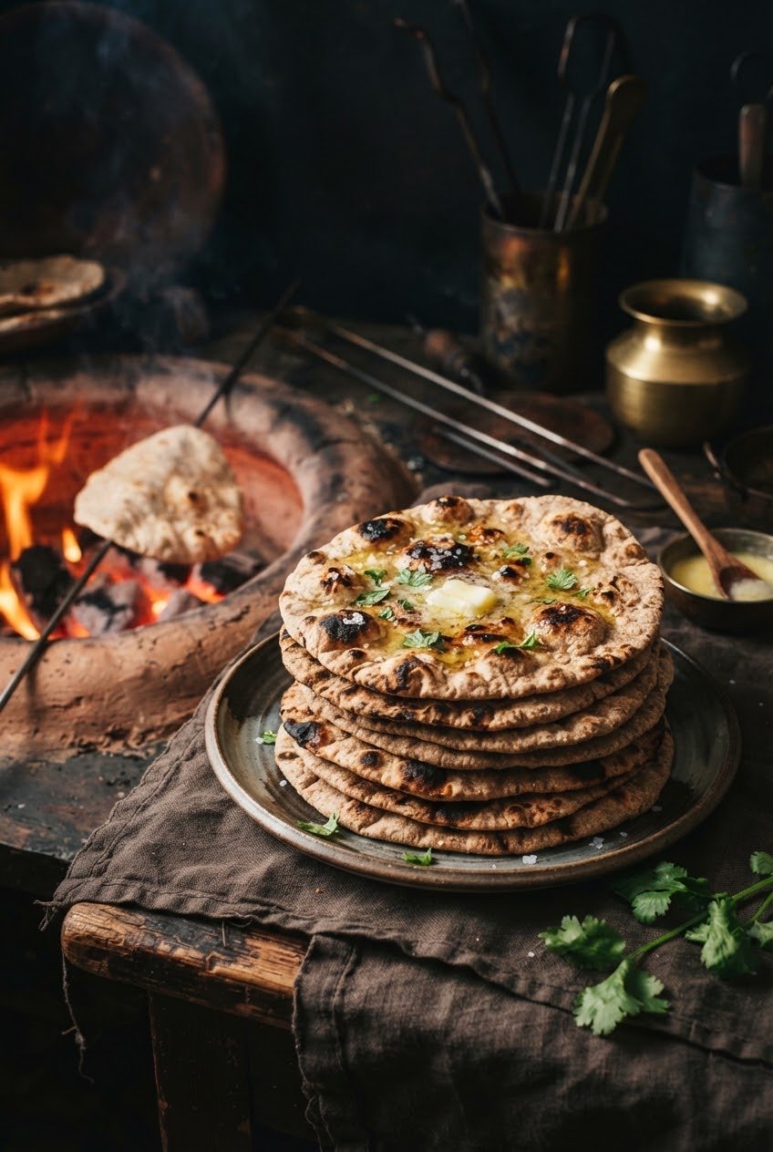 Tandoori Roti — blistered rotis beside the tandoor, one butter-brushed